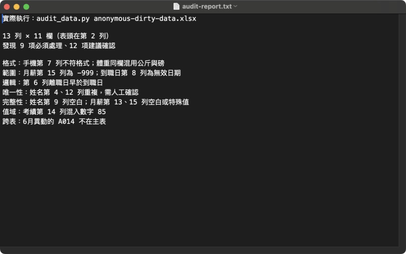 TextEdit 原生畫面:顯示 audit_data.py 的實際稽核輸出,列出匿名資料的欄位、列號與實際值。