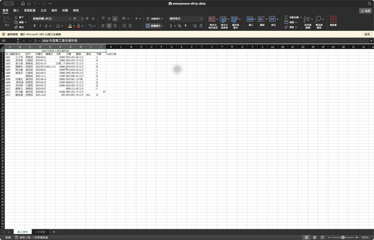 Excel 原生畫面:匿名測試資料包含缺值、重複、日期矛盾與單位不一致,不含真實人員資料。