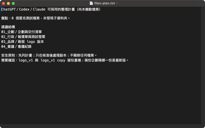 TextEdit 原生畫面:顯示依實際盤點產生的整理計畫;8 個虛構檔案仍在,尚未執行變更。